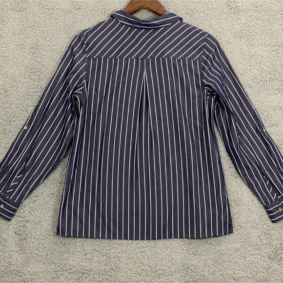 Tommy Hilfiger PM Blue & White Striped Deep V-Neck Half-Zip Long Sleeve Shirt - Picture 8 of 15